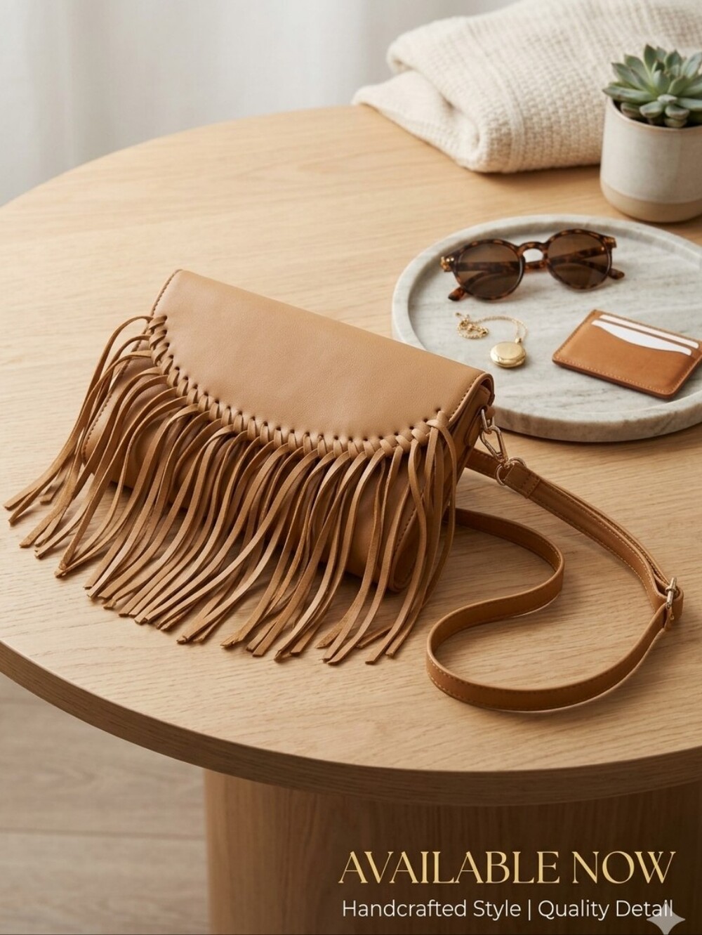 Handcrafted Tan Fringe Crossbody Bag